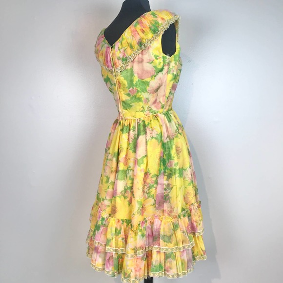 Vintage Chez Bea Square Dance Yellow Floral Dress - Picture 7 of 11